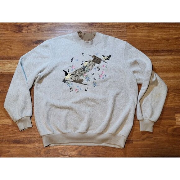 Vtge Bon Worth Bird Lovers Sweatshirt Embroidered‎ Y2K Music Notes Beige - Picture 1 of 4